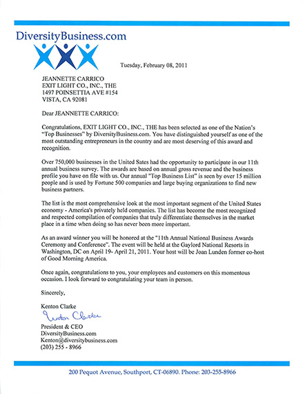 Image of Award Letter to Exit Light Co from DiversityBusiness.com