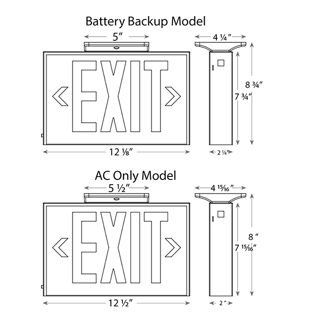 Steel Housing Red LED Exit Sign | White Housing | Battery Backup or AC Only Operation Dimensions