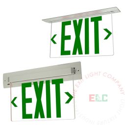 Edge Lit Green LED Exit Sign | Recessed Ceiling or Wall Install | Remote Capable or 180m Runtime
