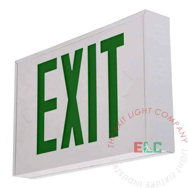 Steel Housing Green LED Exit Sign | White Housing | Battery Backup or AC Only Operation