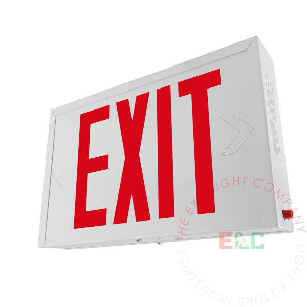 Steel Housing Red LED Exit Sign | White Housing | Battery Backup or AC Only Operation