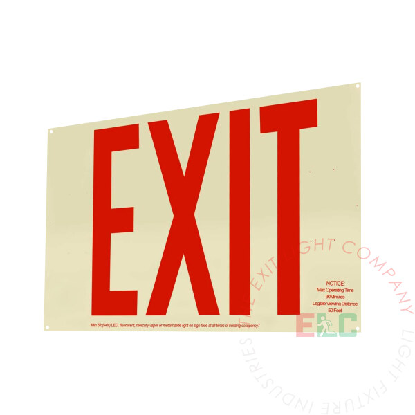 Photoluminescent Exit Sign | 50' View | Red 8" Lettering for NY | No Frame