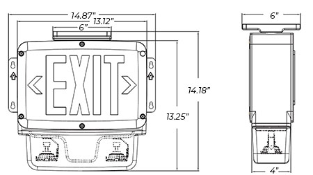 LED Exit Sign / Emergency Light Combo | NEMA 4X Rated | IP66 | Single-sided | 7 Day Lead Time Dimensions