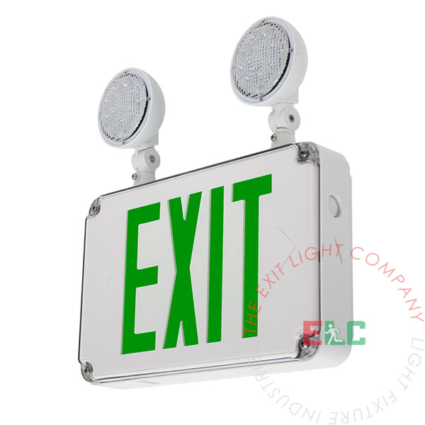 Wet Location Combo Green Exit Sign | Adjustable Round LED Lamps