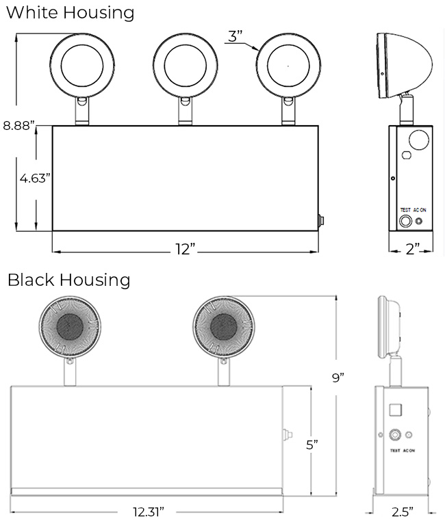 Steel Housing LED Emergency Light | UL & Chicago Approved | High Output | 2 or 3 Lamp Heads Dimensions