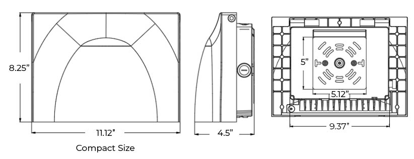 Compact Architectural LED Wall Pack Adjustable 90� Lens | 3K-7K Lm | IP65 | Light & Battery Backup Dimensions