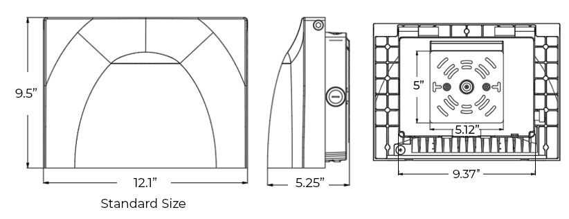 Standard Architectural LED Wall Pack Adjustable 90� Lens | 9-13K Lm | IP65 | Light & Battery Backup Dimensions