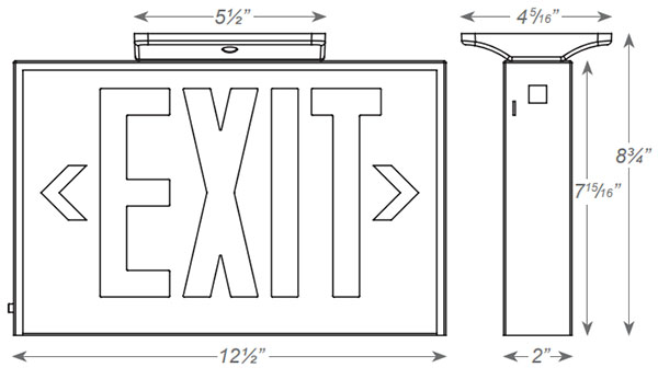 Steel Housing Green LED Exit Sign | White Housing | Battery Backup or AC Only Operation Dimensions