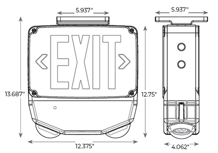 Outdoor Heavy Duty LED Combo Exit Sign | Adjustable Lamp Heads | Red or Green LEDs Dimensions