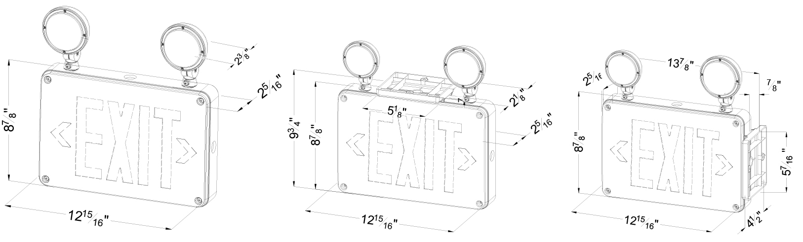 Universal Red/Green Wet Location LED Combo Exit Sign |  Exterior Wall, Ceiling, & Side Mount Dimensions